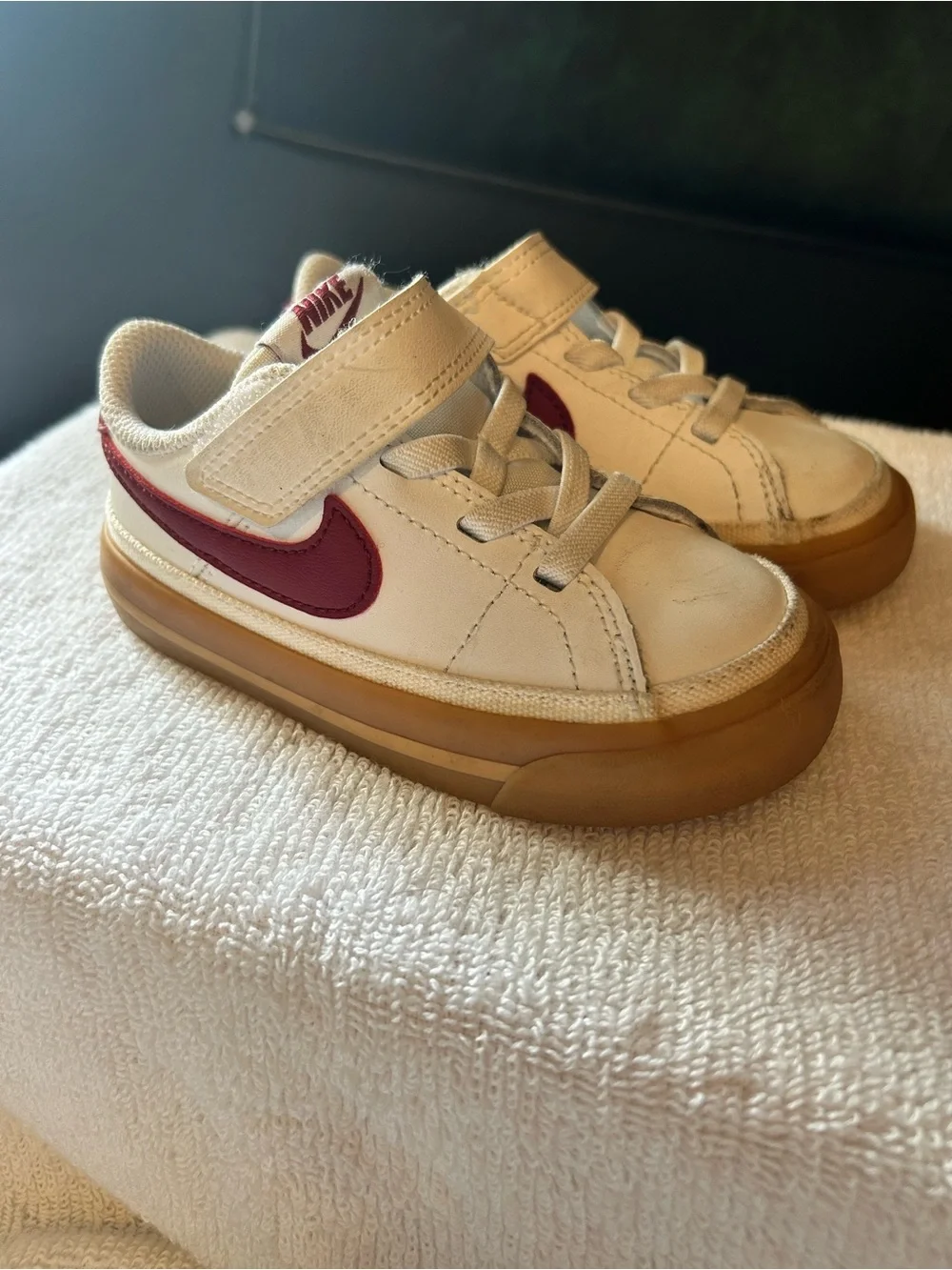 Nike Kids White Sneakers with Maroon Swoosh and Gum Sole